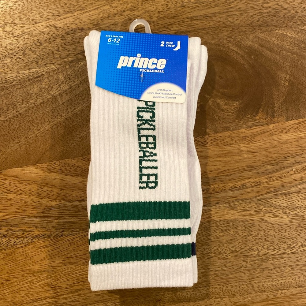Prince pickleball 2 pair crew socks, NWT, men’s shoe size 6-12